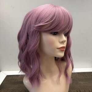 Women Full Cap Wig Wavy Purple Lavender Shoulder Length with Bangs